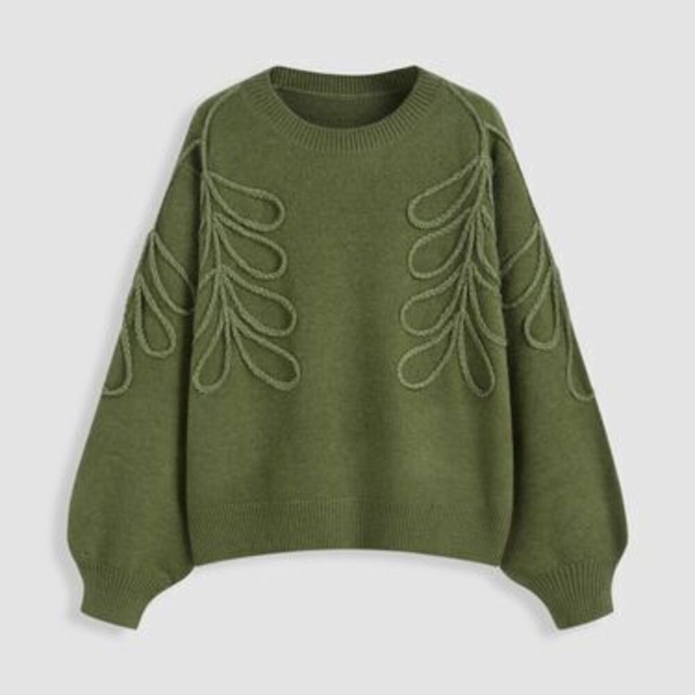 Knit Round Neckline Leaf Braid Oversized Sweater